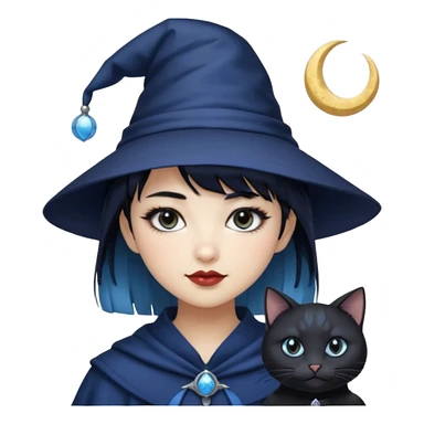 an asian short haired girl with light blue highlighted short raven hair with bangs, with her silver left eye and dark brown right eye, with black cat eyed style eyeliner, and smirk of natural toned lipstick, with dark navy wizard hat with moon emblem on his hat. sticker