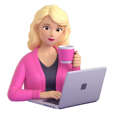blonde woman in a pink cardigan focused on a laptop with a coffee cup beside her sticker
