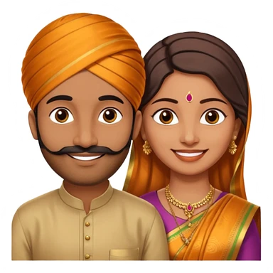 Brown colored South Indian Husband with wheatish colored South Indian wife where Husband does not wear a turban and wife wears a Silk Saree sticker