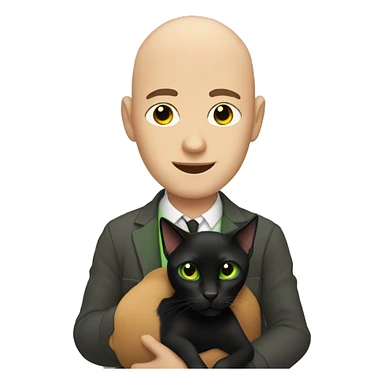Bald brown eyed man holding a green eyed black cat sticker