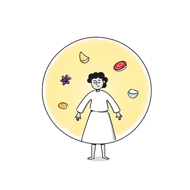 Floating orb of warm light containing mini bright icons: red meat, golden egg, purple beans, translucent tofu block and yogurt glass, slowly rotating around a radiant body figure that radiates strength and balance sticker