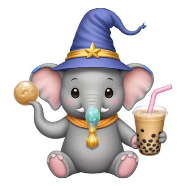 elephant with wizard hat and bubble tea, happy sticker
