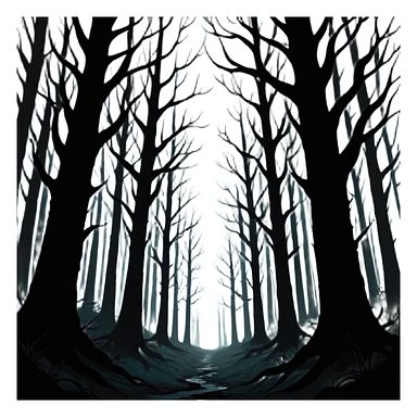 dark forest scene, the entire world covered in darkness. The sky is deep black with no stars or light, no moon, no glow just total void and silence. The atmosphere feels ominous and unsettling, as if darkness has swallowed everything. No characters, no visible light sources sticker