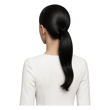 black sleek ponytail hairstyle, no head, white dress with sleeves, minimal and clean design sticker