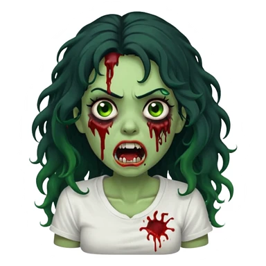 a zombie with long curly black hair volumoso, brown eyes, a white t-shirt and a splash of blood on her t-shirt, mouth open like a zombie, green skin color, not much expression, no drawing on shirt, no hands showing, less blood on her face,  sticker