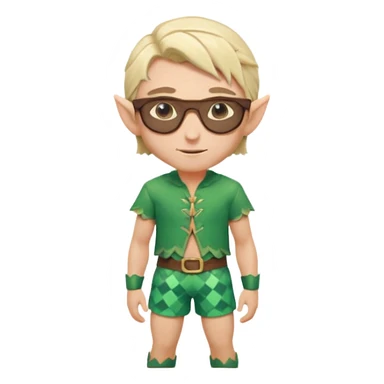 elf male legolas portrait, patterned board shorts (geometric/abstract), unique wooden-framed sunglasses, undercut hairstyle, slight smirk, visible pointy ears, no background, centered emoji, hipster summer vibe sticker