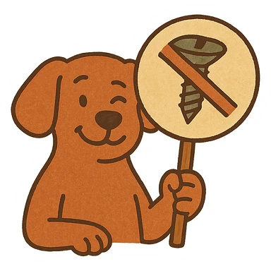 humorous emoji of a dog holding a 'no screws' sign, for 'Don't screw the pooch' sticker