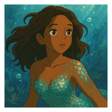 close-up of a mermaid with brown skin, sparkling iridescent scales, dreamy underwater background, ghibli style sticker