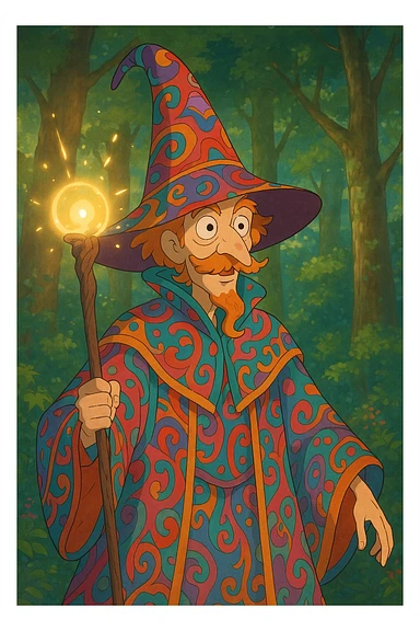 strange wizard, vibrant and whimsical, in a Ghibli style sticker