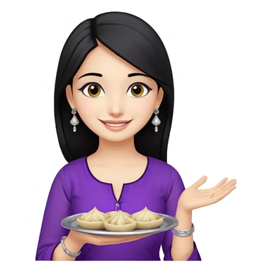a pretty bratz girl with straight black hair, wearing a purple kurti, silver jhumkas, eyeliner, carrying a plate of momos. No necklace or bindi sticker