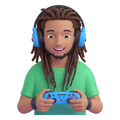 emoji of a smiling guy with dreads, wearing a gaming headset, holding a controller sticker