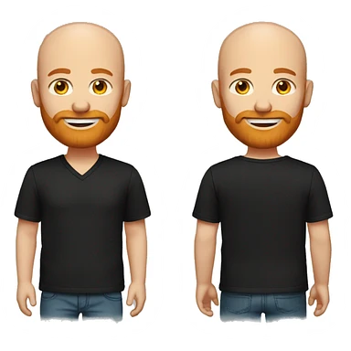 A Bald man with blue eyes and a ginger beard, wearing a black v-neck t-shirt. with a warm and welcome round face sticker