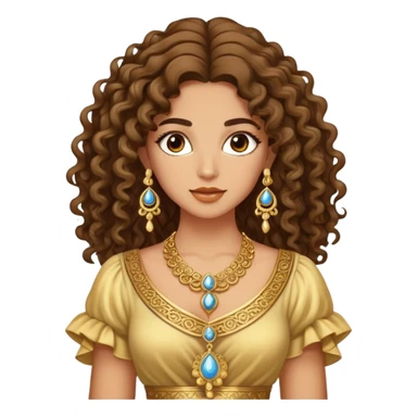 Beautiful Greek woman with very long puffy curly hair, wearing ornate gold jewelry and cute stylish clothes sticker