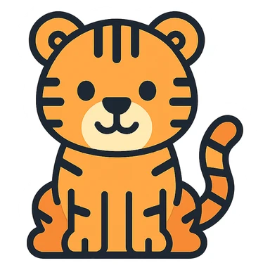 cute cartoon tiger icon, rounded shapes, friendly expression, visible stripes, modern icon style sticker