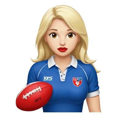 Sexy blond female. Long hair. Red lips. Big boobs. Wearing only rugby jersey. Sexy pose sticker