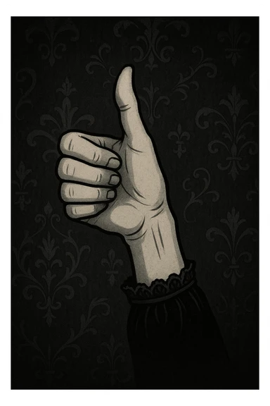 Wednesday Addams' hand inspired by Thing giving a thumbs up, playful gothic style sticker