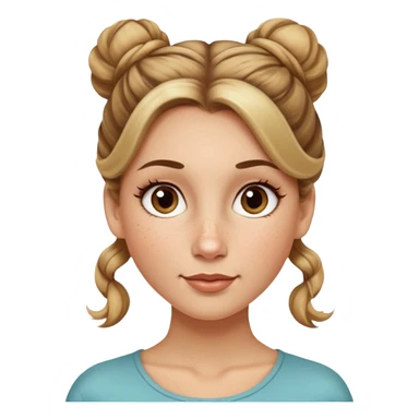 creative women with long dark Blond with highlights semi curly hair white women with hair in a top bun(one bun not two), oval shape face hazel eyes long lashes freckles on the nose high cheek bones sticker