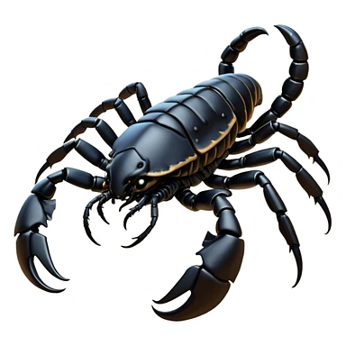 Cinematic Noble Emperor Scorpion Portrait Emoji, Poised and formidable, with a robust, armored build and a glossy, jet-black exoskeleton accented by striking, segmented pincers, deep-set piercing eyes, Simplified yet sharp and sophisticated features, highly detailed, glowing with a cool, dignified glow, high shine, intelligent and imposing, stylized with an air of ancient desert majesty, focused and attentive, soft glowing outline, capturing the essence of a watchful and commanding scorpion that feels as though it could silently creep out of the screen with effortless authority! sticker
