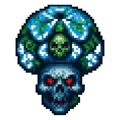Make the toxic mushroom with skull pattern look scarier by adding glowing red eyes or sinister features. Keep the pixel art style and no background. sticker