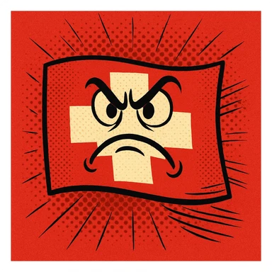 an angry Swiss flag with furrowed brow, comic illustration style, strong red background sticker