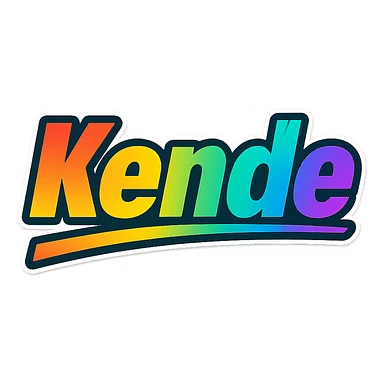 The name 'Kende' in a modern gradient font with precise Hungarian characters, dark outline, extra thick, prominent white letter border, dynamic slanted underline, rainbow gradient colors, 1000x1000 px, PNG, transparent background. sticker