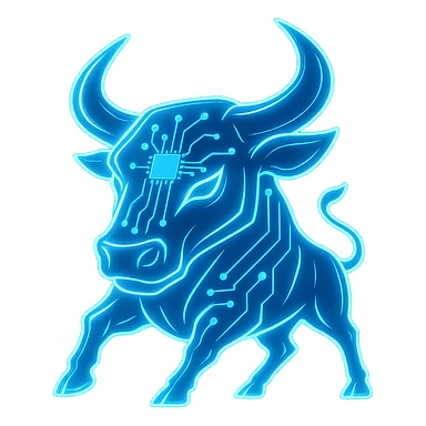 Combine elements from both reference images to create a bull logo in a modern, tech-inspired style with a glowing blue effect. Emphasize a sleek, futuristic look with luminous blue highlights on a transparent background. The style should be sleek, futuristic, and tech-inspired with glowing blue accents. sticker