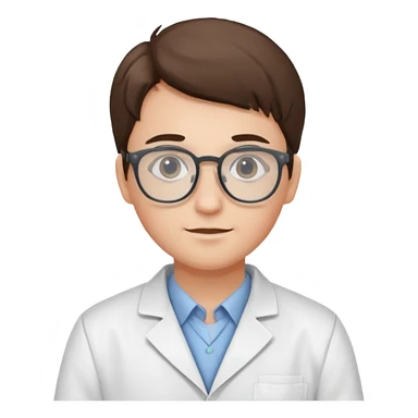 Portrait of a young scientist wearing a white lab coat, glasses sticker