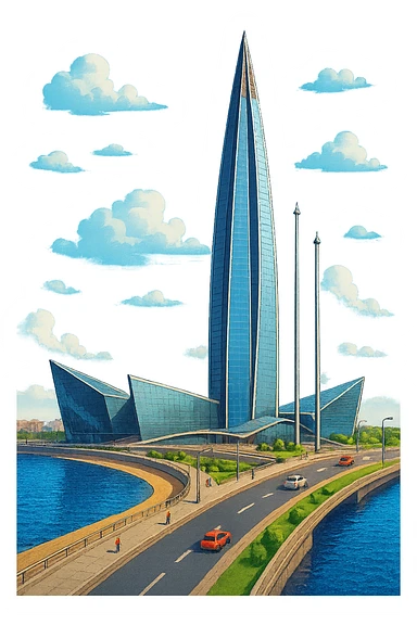 Изометричная, яркая, детализированная, объемная и фотореалистичная иллюстрация башни Лайта-Центр. В стиле 3D-коллажей городов, насыщенные цвета, аккуратные и чёткие линии, мультяшно-реалистичная стилистика. Чёткие контуры, не размазанные линии, высокое качество, прозрачный фон, не обрезать края картинки sticker