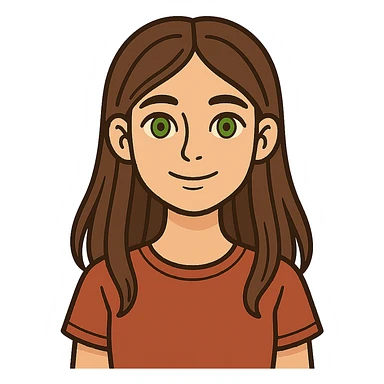 flat toon style portrait of a 17-year-old girl with green eyes, light skin, and long brown hair sticker