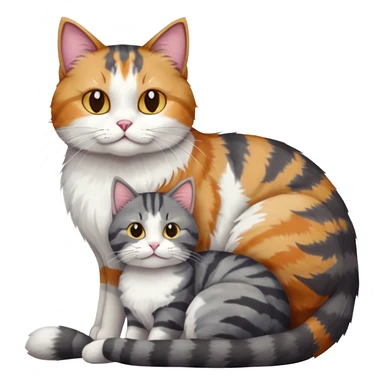 full body colourful light patched calico + white tabby cat cuddling a large dark grey and white tabby cat  sticker