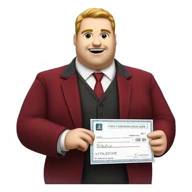 fat guy in dark red velvet suit holding cheque sticker