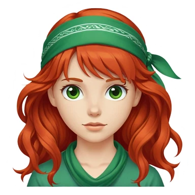 White red-haired girl with wavy long hair, bangs, and a green bandana on her head. sticker