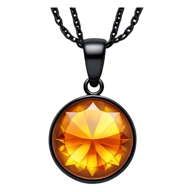 extreme close up of a round cut holographic amber charm with black bail and black chain sticker