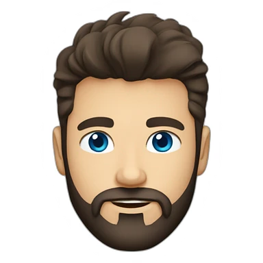 White man with a sun kissed tan and blue eyes. His hair is dark brown, styled sideways backwards. He has a beard and mustache trimmed. Wears s black t-shirt. sticker