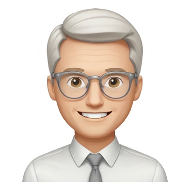 30 yr old pale white man, white/grey side swept stylish hair, round glasses, big smile, white teeth, handsome, longer hair, thin glasses, white dress shirt, smooth forehead, botox, no tie sticker