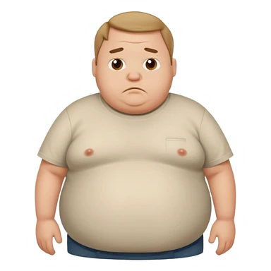 a cartoon fat man holding his stomach wearing t shirt, while looking confused? sticker