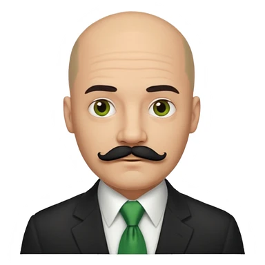 Bald guy with thick black mustache , green tie sticker