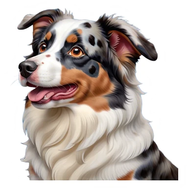 Cinematic Cute Yawning Calico Australian Shepherd Portrait Emoji, Head tilted slightly with a dramatic, wide-open yawn, predominantly white coat with vibrant black, tan, and red calico merle patches, floppy ears slightly drooping, round blue eyes barely open in drowsy contentment, Simplified yet irresistibly adorable features, highly detailed, glowing with a soft, cozy glow, high shine, relaxed yet expressive, stylized with a touch of whimsy, bright and endearing, soft glowing outline, capturing the essence of a sleepy yet affectionate pup, so drowsy it feels like it could stretch right out of the screen and curl up for a nap! sticker