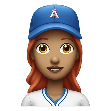 front facing standing up female coach with long red hair, wearing a white t-shirt and a simple baseball blue hat sticker