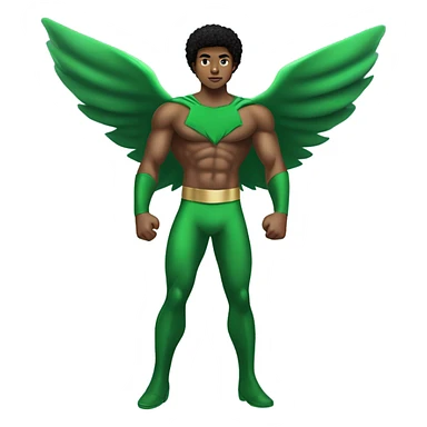 shirtless Muscular Afro teenage boy standing in a green superhero landing costume as the Sub Mariner or Prince Namor with “wings on each ankle. sticker