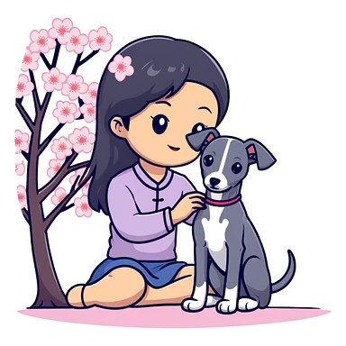 A young Chinese girl with long black hair and a dark grey Italian Greyhound with absolutely no white marks on its body or nose sitting under a cherry blossom tree sticker