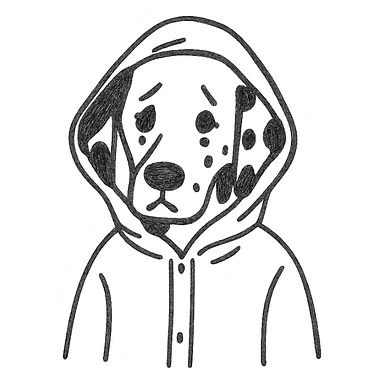 dalmatian in a yellow rain jacket, looking sad, 2D, thick black lines, hand-drawn style sticker