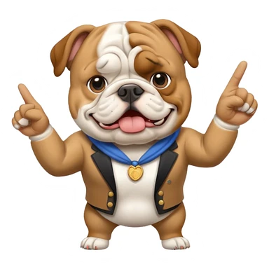 English bulldog tour guide pointing at a landmark sticker