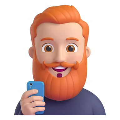 bold man with beard speaking on an iPhone, animoji style, smiling, 3D look sticker