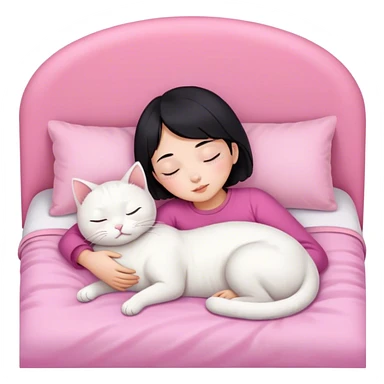 White cat sleeping with Asian girl short hair in pinky bed  sticker