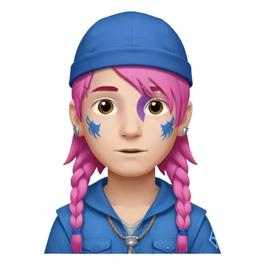 scout boy long hair face tatooes pink haired, wearing blue cap sticker