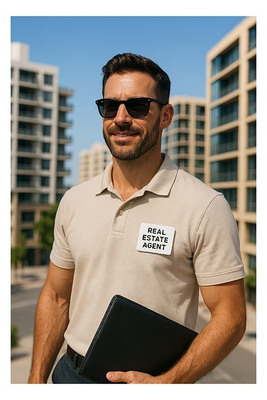 male real estate agent with sunglasses, summer style, light polo shirt, professional yet relaxed attitude, bright urban background sticker