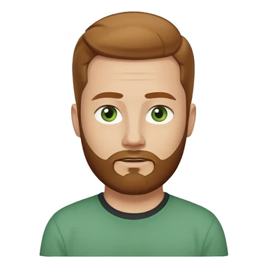 A young man with short light chestnut hair slicked back, a medium-length thick beard, and light green eyes. Fair skin, oval face, neutral expression. Wearing a dark t-shirt, plain light (white or gray) background. Shoulder-up front portrait. sticker