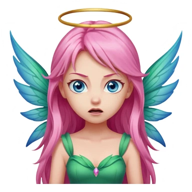 Blue eyes, long pink hair, pink wing fairy in green dress: anger sticker