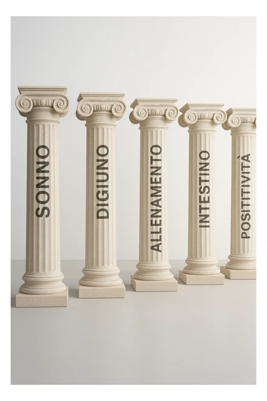 5 pilastri con le scritte "SONNO", "DIGIUNO", "ALLENAMENTO", "INTESTINO", "POSITIVITà" IMMAGINE IPERREALISTICA SFONDO CHIARO IN ITALIANO sticker